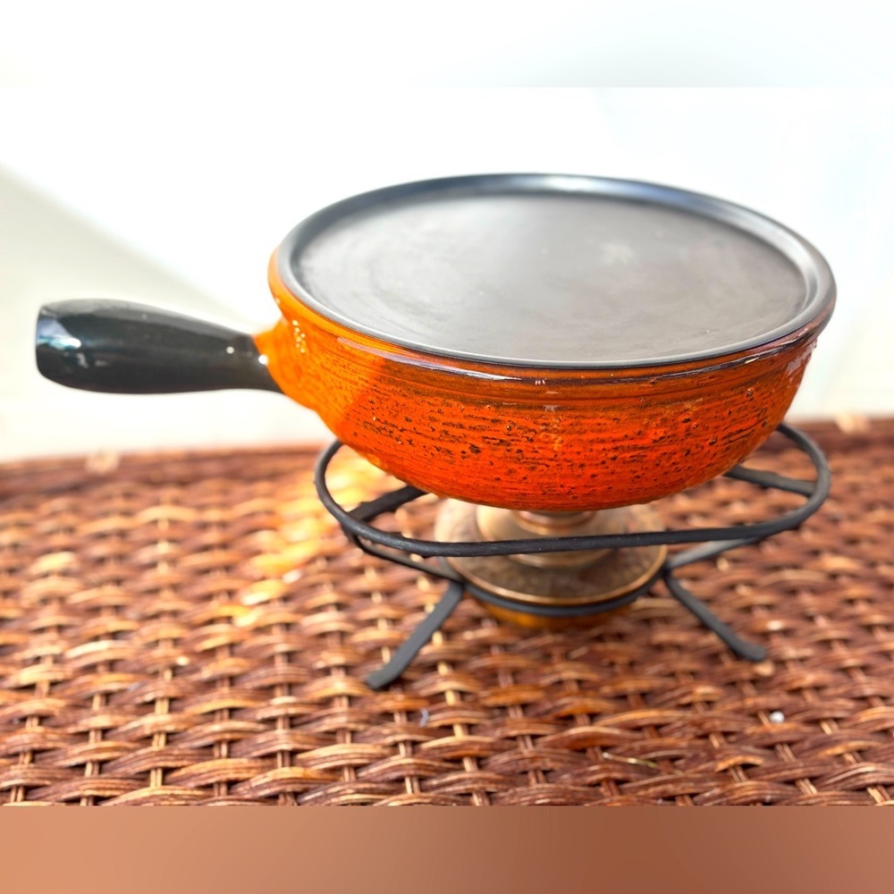 Vintage Orange Enamel Fondue Pot with Stand and Lid